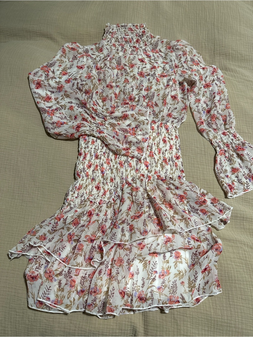 Princess Polly White Floral High-Neck Long Sleeve Tiered Dress